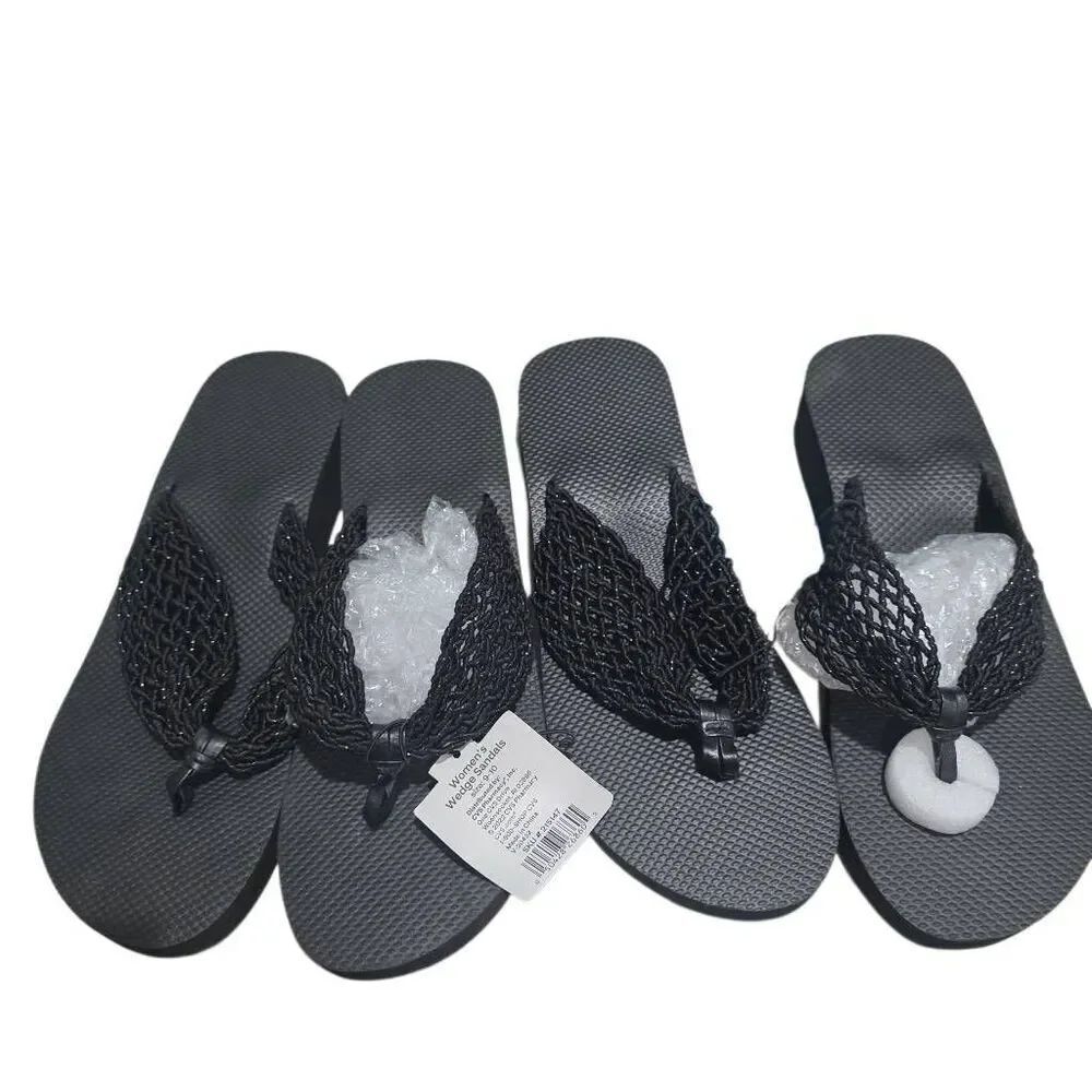 Womens 2 pair bundle black fishnets wedge platform sandals womens 9-10 by Sun &S